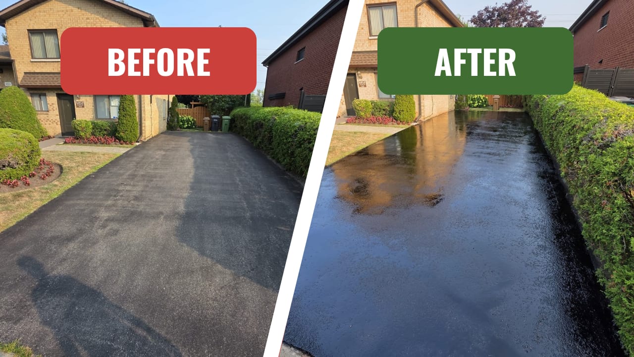 Before and after asphalt sealing, side-by-side
